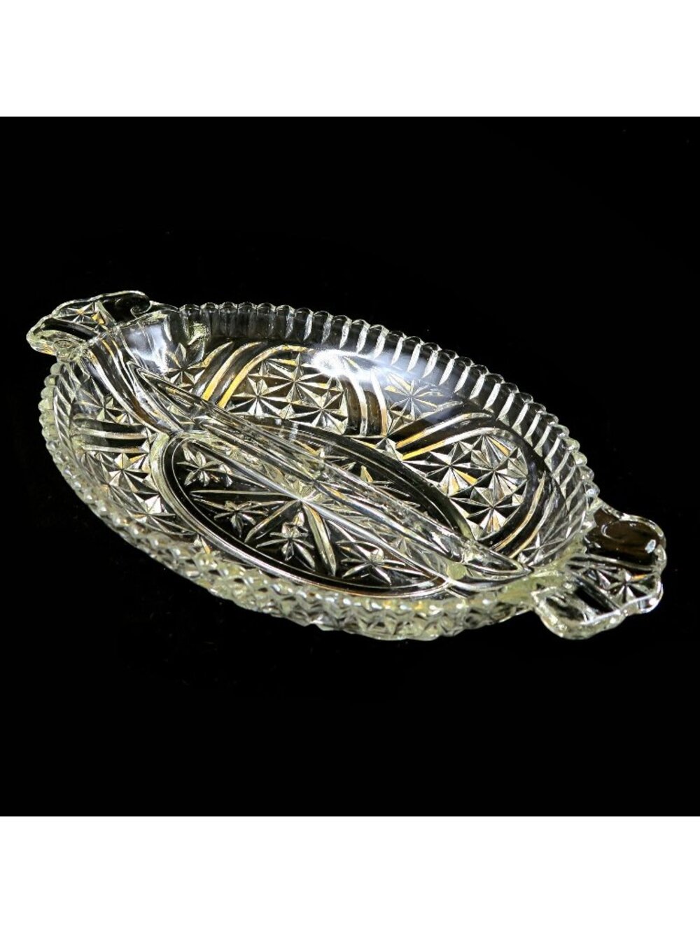 Anchor Hocking Stars and Bars 10-inch 2-Part Relish Dish Mid-Century Glass
